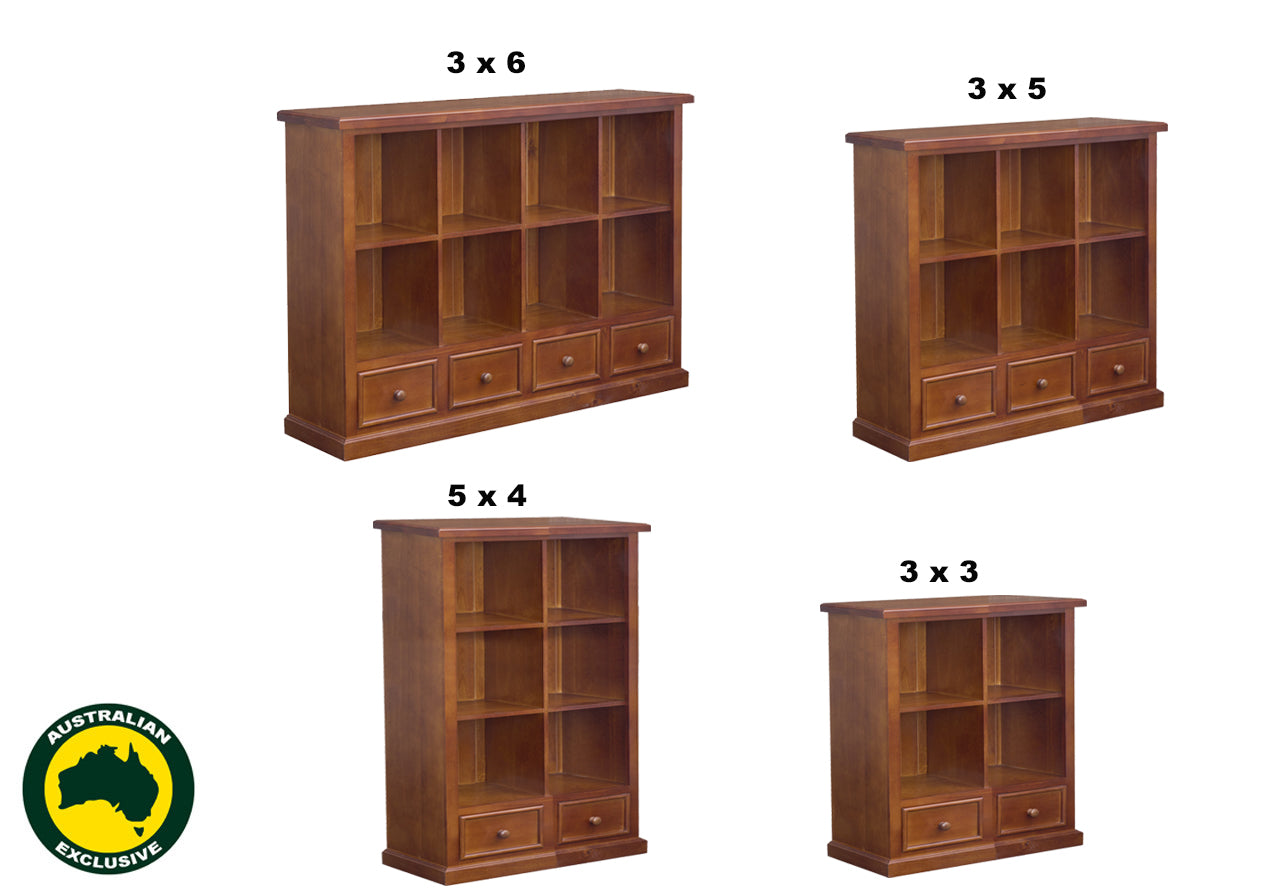 HUON THICK TOP (AUSSIE MADE) CUBE LOWLINE BOOKCASE  WITH PICTURE FRAMES DRAWERS COLLECTION - ASSORTED STAINED COLOURS - STARTING FROM $1599