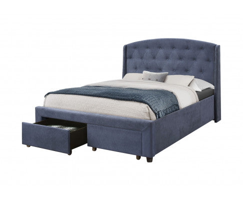 QUEEN PIXIE FABRIC BED WITH UNDERBED DRAWERS - NAVY BLUE