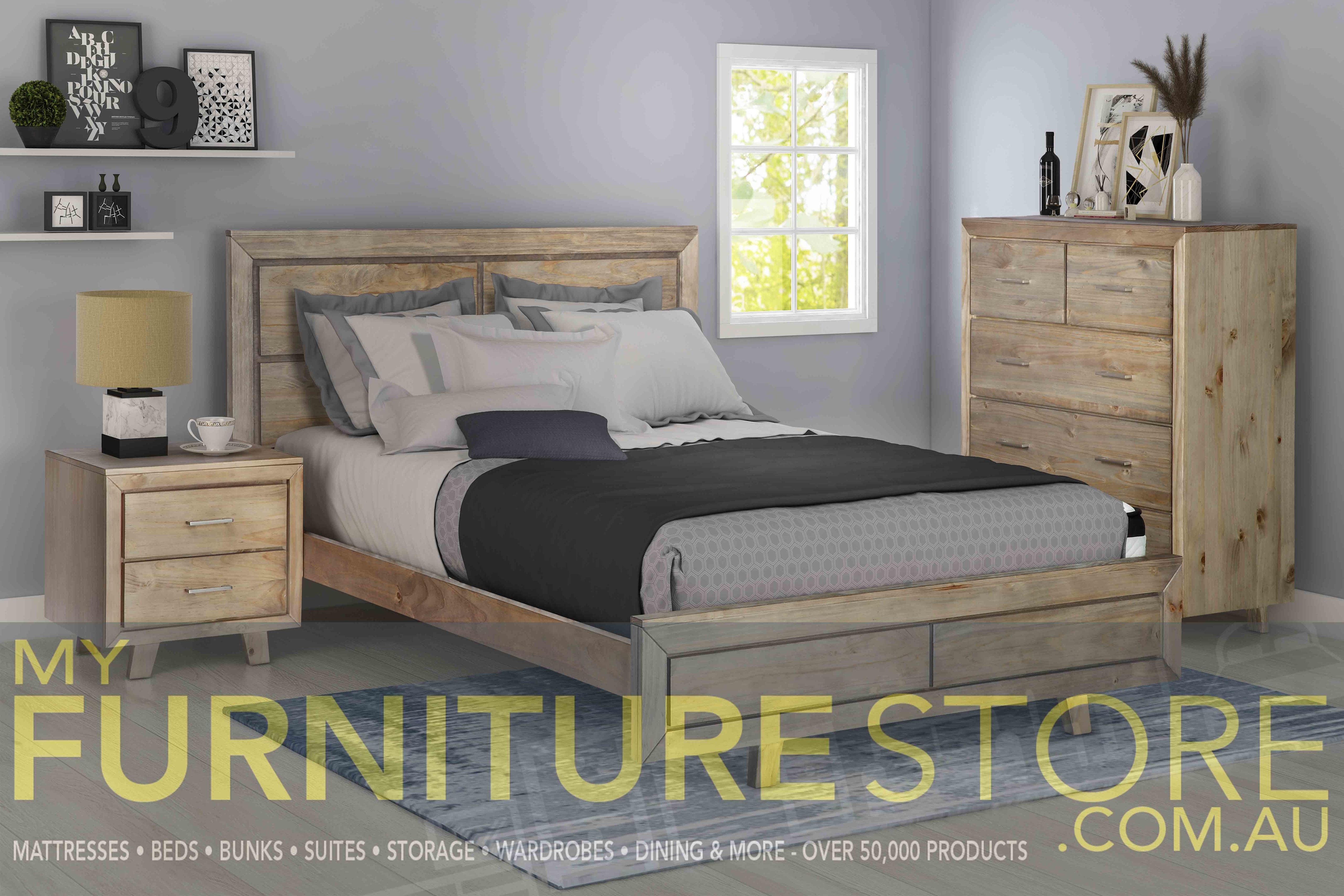 KING SINGLE CARNIVAL TIMBER BED FRAME - BRUSHED GREYWASH