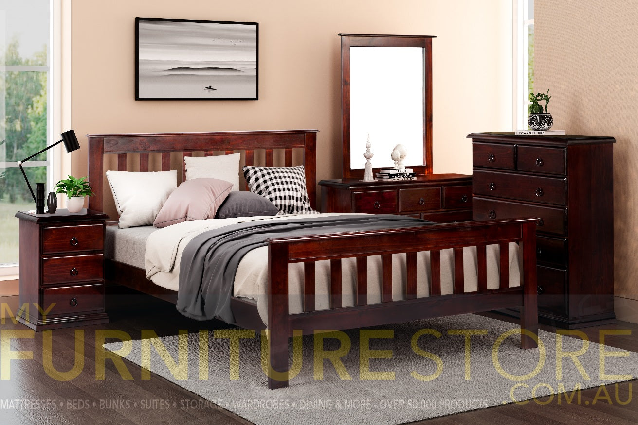 KING SINGLE CRONULLA (AUSSIE MADE) BED WITH MATCHING FOOT - ASSORTED STAINED COLOURS