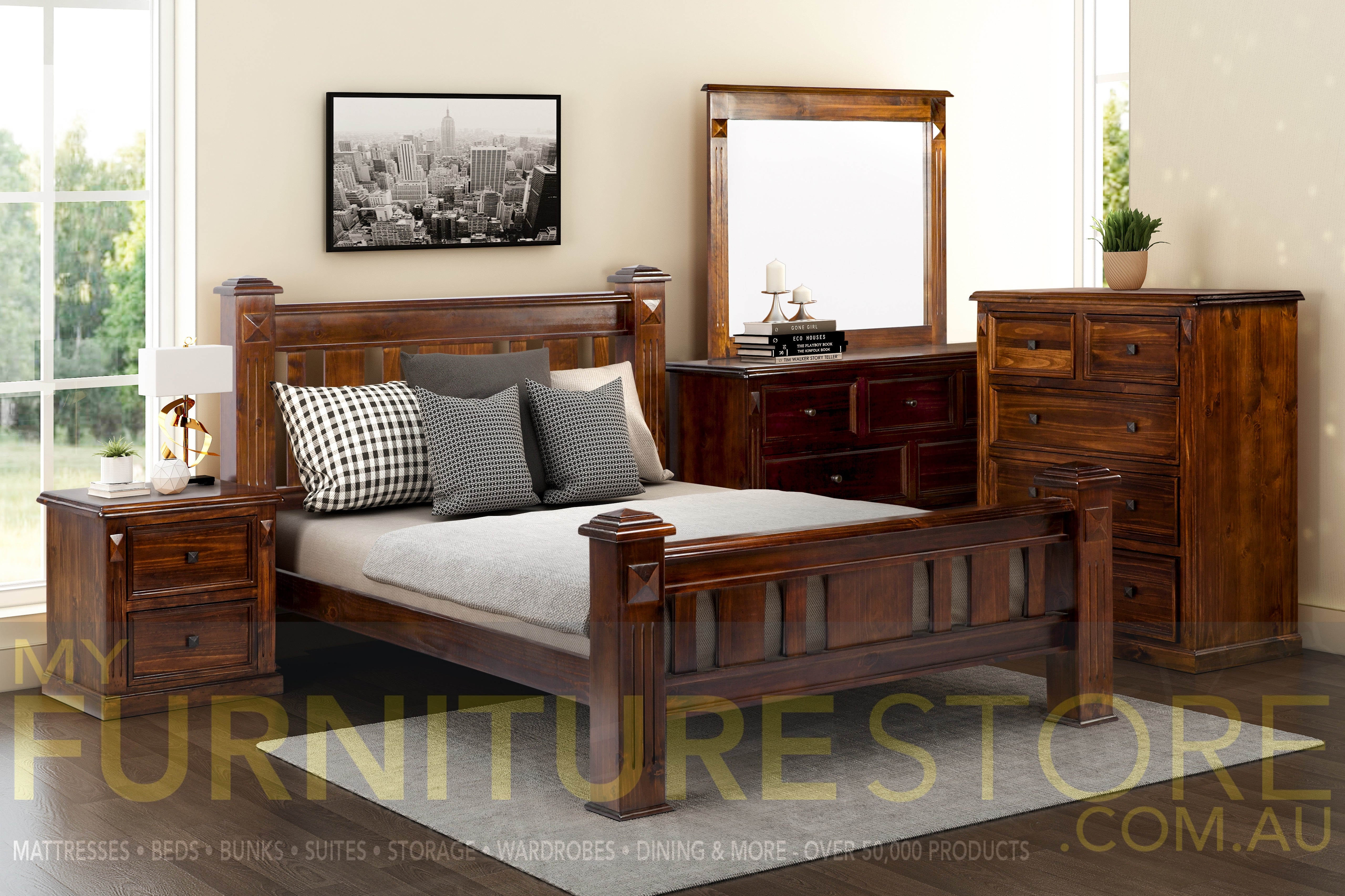 QUEEN LEGIONS BED (WQB) - WALNUT (PICTURED)  OR DARK CHOCOLATE
