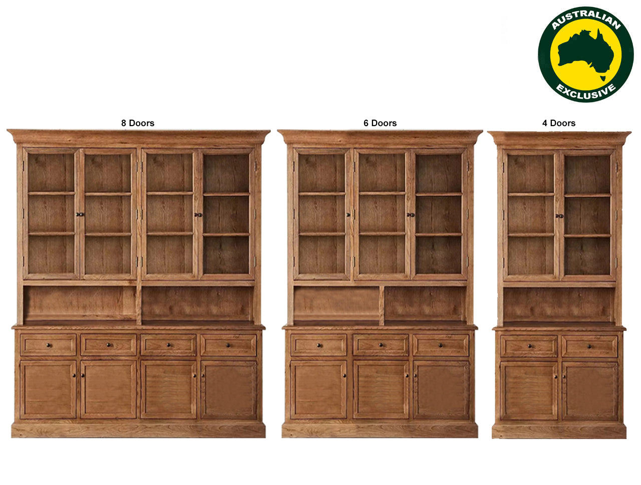 NAPOLEON (AUSSIE MADE) BUFFET & HUTCH COLLECTION - TASSIE OAK COMBINATION - ASSORTED STAINED COLOURS - STARTING FROM $3999