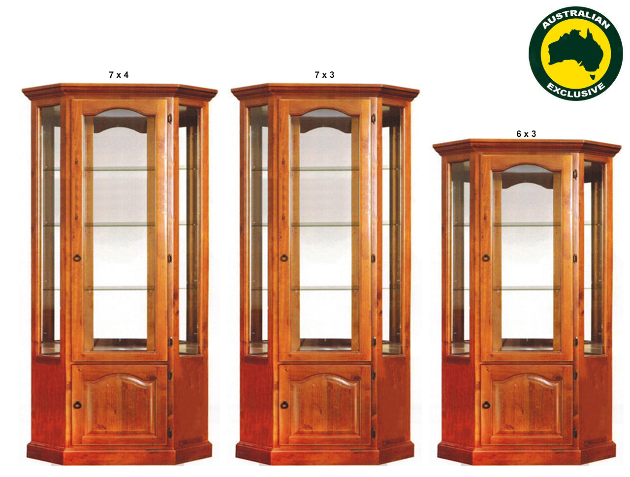 NEW YORK (AUSSIE MADE) CRYSTAL CORNER DISPLAY CABINET WITH MIRRORED BACK COLLECTION - ASSORTED STAINED COLOURS - STARTING FROM $1799