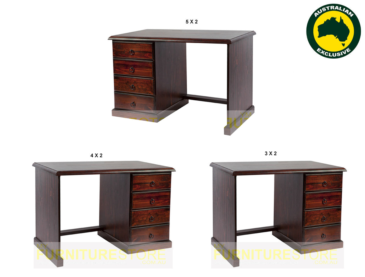 NOOSA (AUSSIE MADE) 4 DRAWER (REVERSIBLE) DESK - ASSORTED STAINED COLOURS - STARTING FROM $599