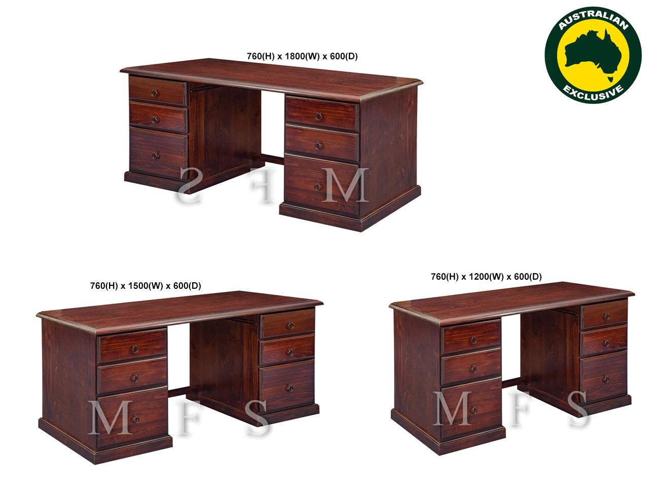 NOOSA (AUSSIE MADE) DESK 6 DRAWER (REVERSIBLE) COLLECTION - ASSORTED STAINED COLOURS - STARTING FROM $1099