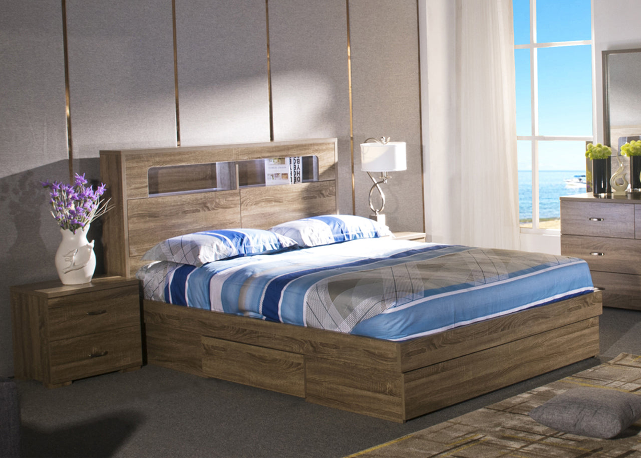 DALLAS DOUBLE OR QUEEN 3 PIECE (BEDSIDE) STORAGE FRONT GAS LIFT OR SIDE DRAWERS BED - GREY OAK