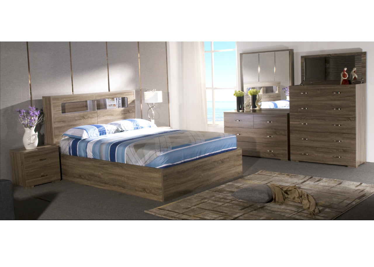 DALLAS DOUBLE OR QUEEN 4 PIECE (TALLBOY) STORAGE FRONT GAS LIFT OR SIDE DRAWERS BED - GREY OAK