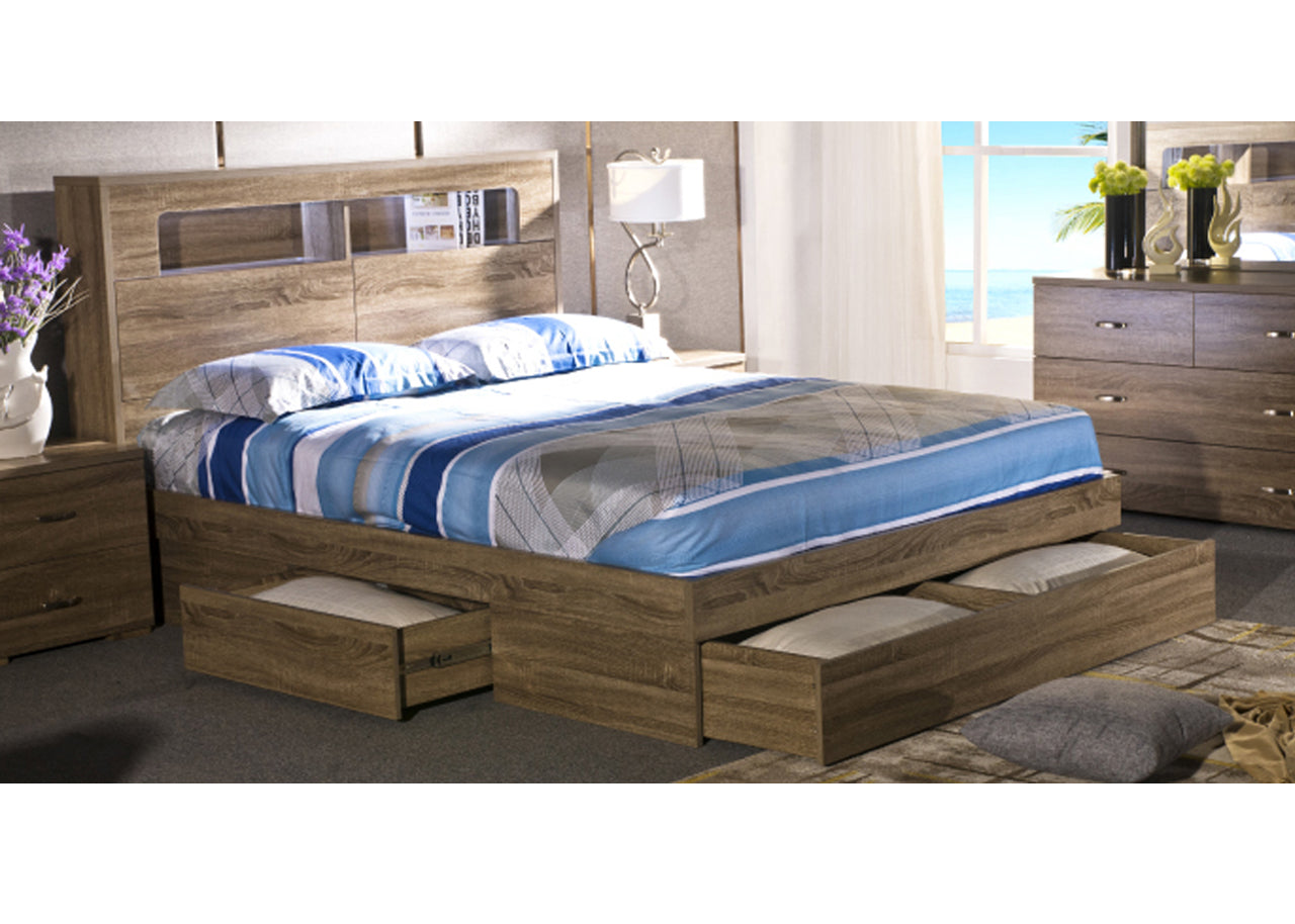 DOUBLE DALLAS STORAGE FRONT GAS LIFT OR SIDE DRAWERS BED - 1200(H) - GREY OAK