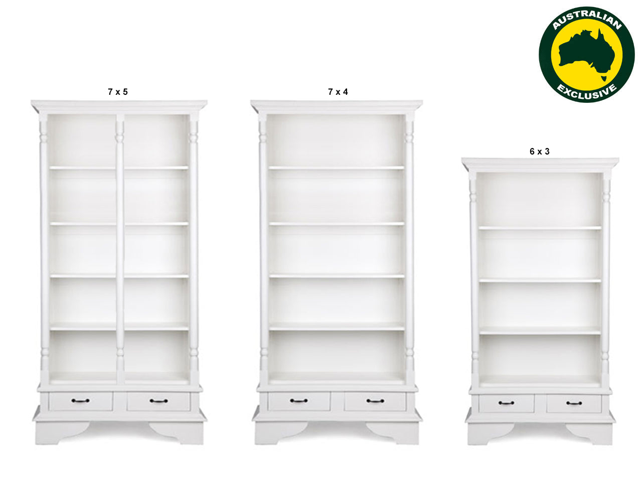 PILLAR (AUSSIE MADE) HARDWOOD BOOKCASE WITH 2 DRAWERS COLLECTION - ASSORTED PAINTED COLOURS - STARTING FROM $899