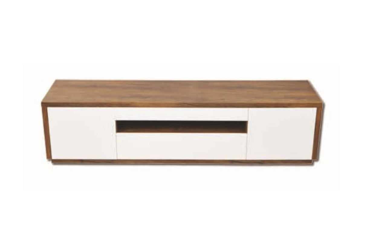 PIPPA TV ENTERTAINMENT LOWLINE UNIT - 550(H) x 2200(W) - HIGH GLOSS WHITE / ANTIQUE OAK