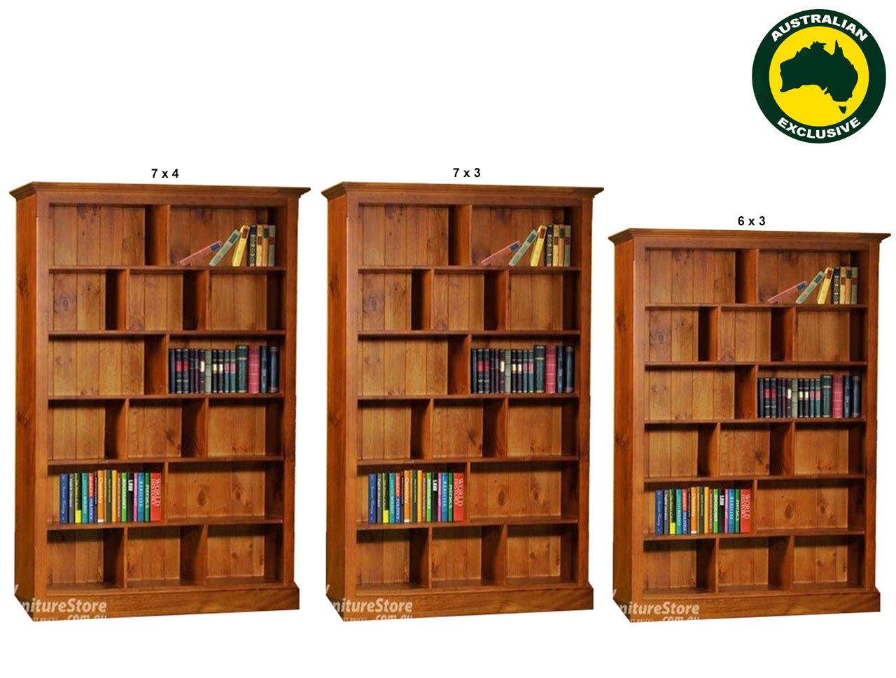 PIGEON (AUSSIE MADE) STAGGERED HIGHLINE BOOKCASE COLLECTION - ASSORTED STAINED COLOURS - STARTING FROM $499