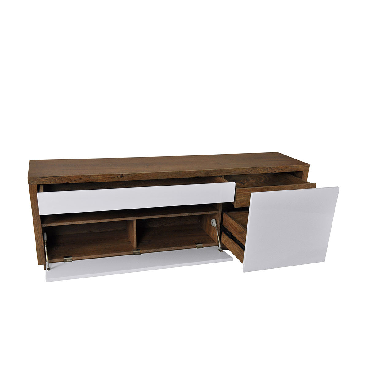 QUEENIE TV ENTERTAINMENT LOWLINE UNIT - 550(H) x 1680(W) - HIGH GLOSS WHITE / ANTIQUE OAK