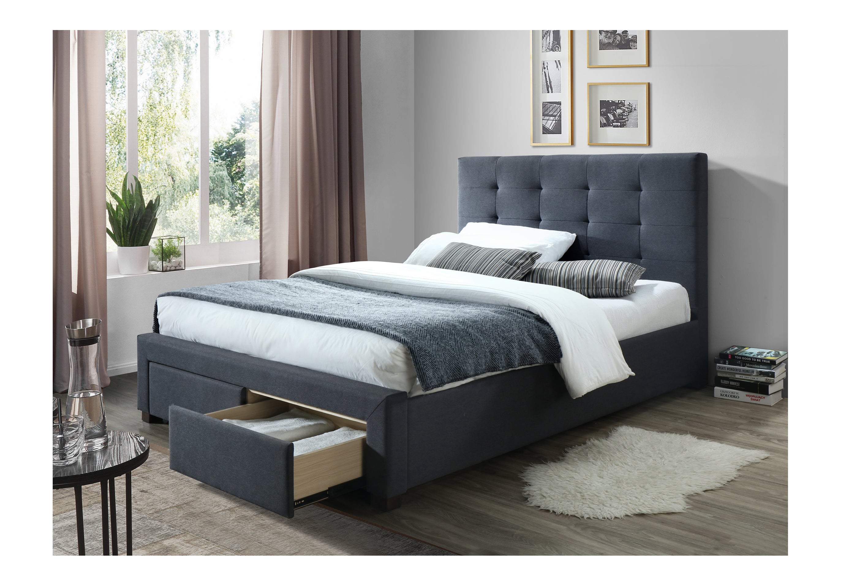 QUEEN RHODES VELVET FABRIC BED WITH 2 FRONT STORAGE DRAWERS - DARK GREY
