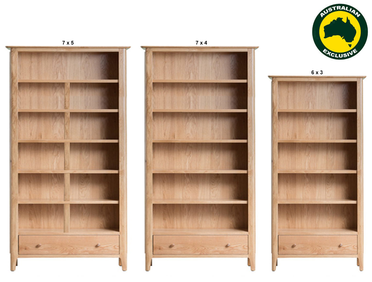 ROBINHOOD (AUSSIE MADE) LARGE BOOKCASE WITH 1 DRAWER COLLECTION - TASSIE OAK COMBINATION - ASSORTED STAINED COLOURS - STARTING FROM $1299
