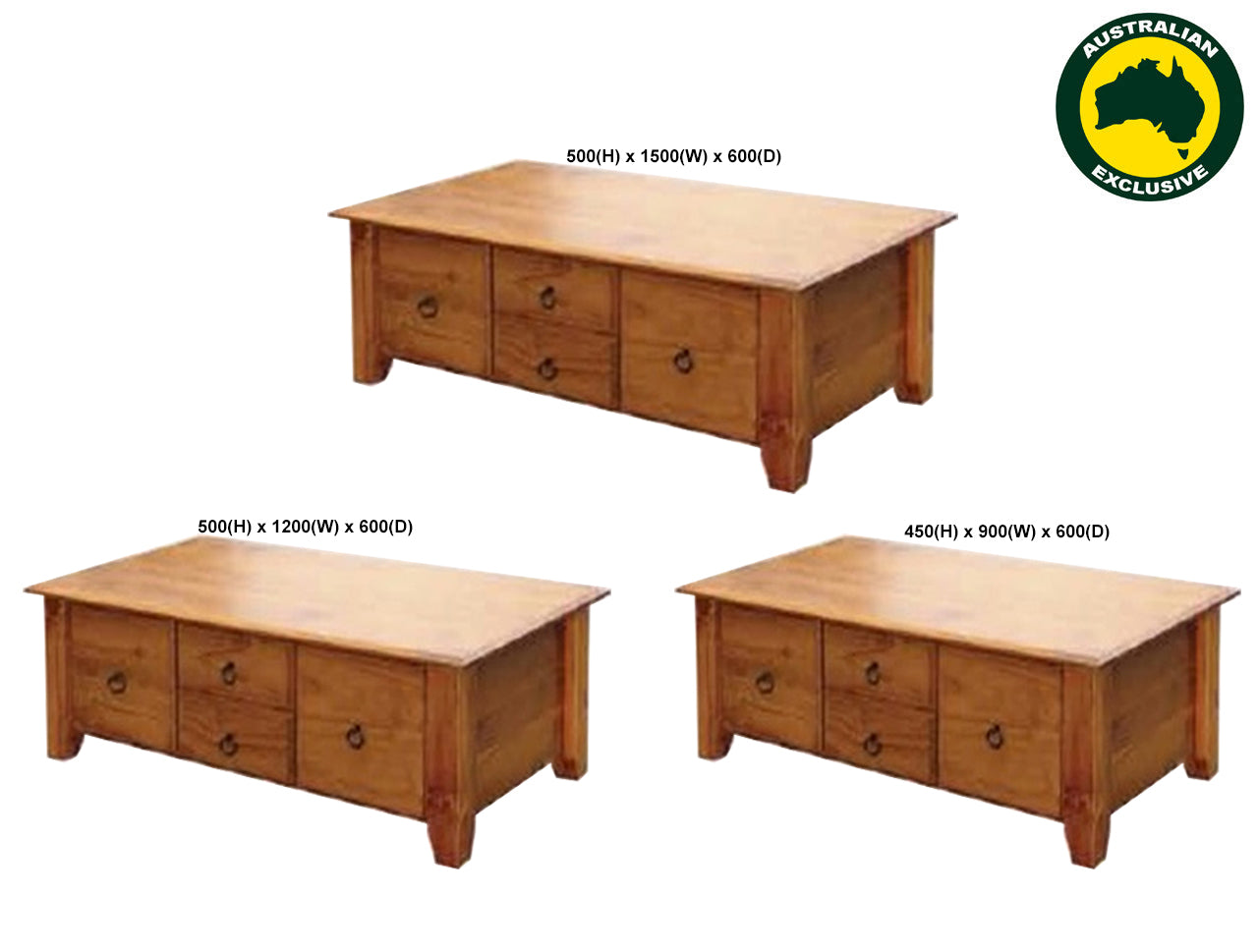 REBECCA (AUSSIE MADE) COFFEE TABLE WITH 4 DRAWERS COLLECTION - ASSORTED STAINED COLOURS - STARTING FROM $699