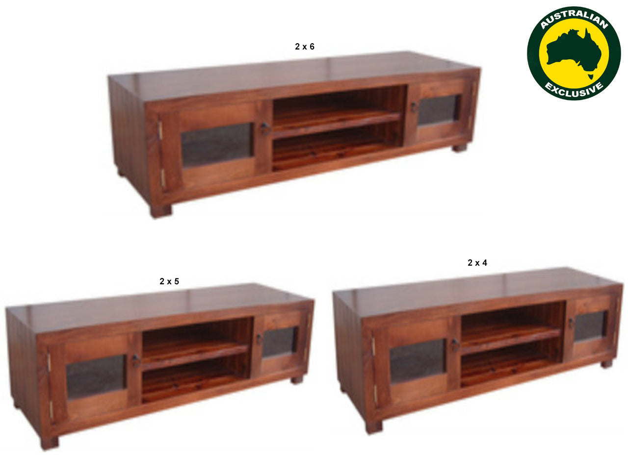 RETRO (AUSSIE MADE) TIMBER LOWLINE TV UNIT WITH 2 GLASS DOORS & 2 SHELVES COLLECTION - ASSORTED STAINED COLOURS - STARTING FROM $599