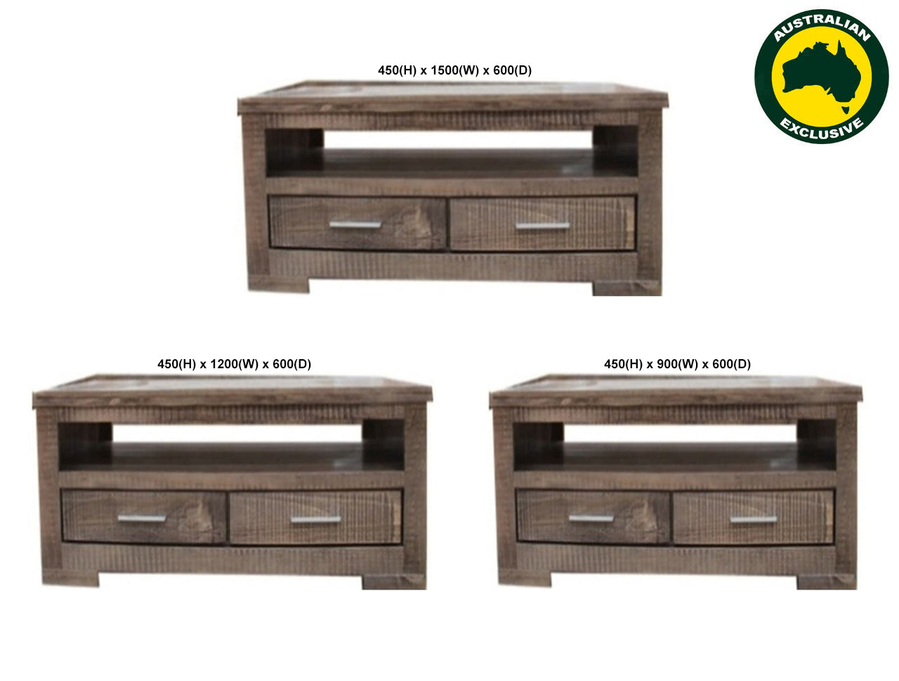RUSTIC (AUSSIE MADE) 2 DRAWER COFFEE TABLE COLLECTION - ASSORTED STAINED COLOURS - STARTING FROM $599