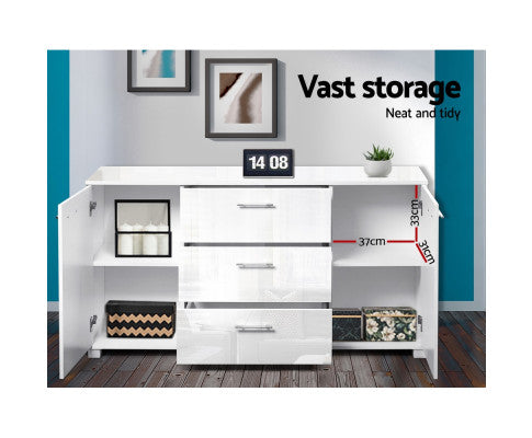BENNY 2 DOORS/ 3 DRAWERS SIDEBOARD - 740(H) x 1380(W) x 350(D) - HIGH GLOSS WHITE
