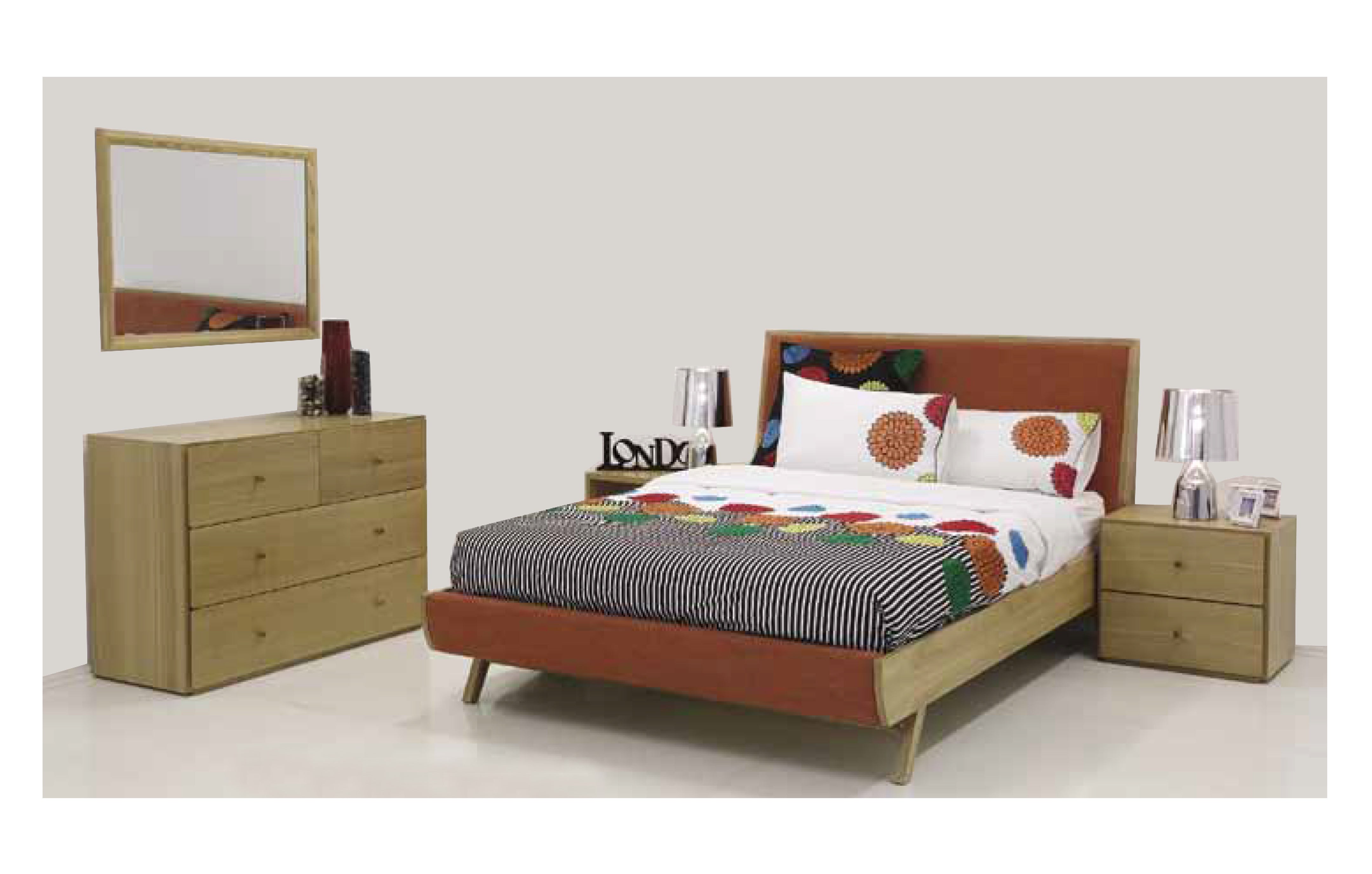 QUEEN DEMOPOLIS 6 PIECE (THE LOT) BEDROOM SUITE - NATURAL & WARWICK ORANGE/YELLOW