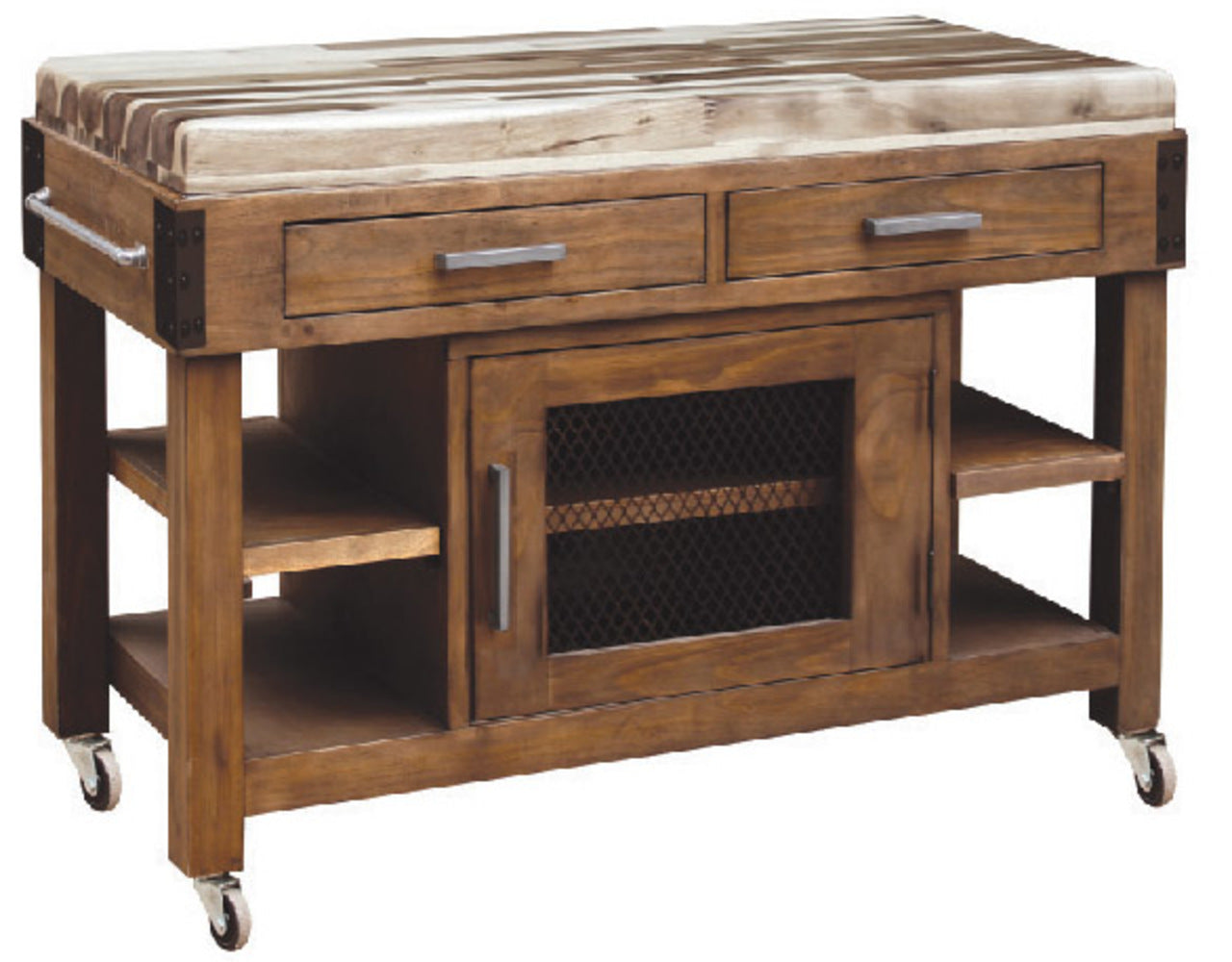 ANTIQUA TIMEWORN BUTCHERS BLOCK  / WORK BENCH - 2 DRAWER / 1 DOOR WORK BENCH  WITH SHELVES - 860(H) x 950(W) x 560(D) - COUNTRY RUSTIC