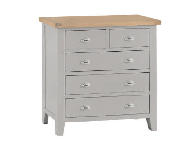 SPENCER (TT-2O3-G) 5 DRAWER SPLIT TOP TALLBOY  - 950(H) X 900(W) -GREY / LIGHT OAK (2 TONE)