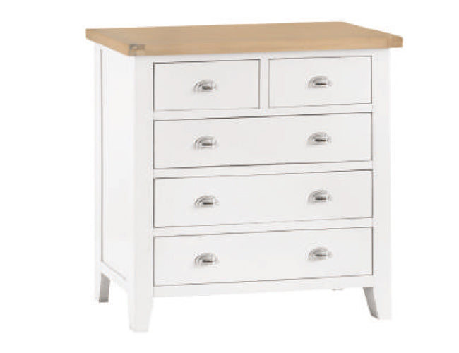 SPENCER (TT-2O3-W) 5 DRAWER SPLIT TOP TALLBOY  - 950(H) X 900(W) - BRIGHT WHITE  / LIGHT OAK (2 TONE)