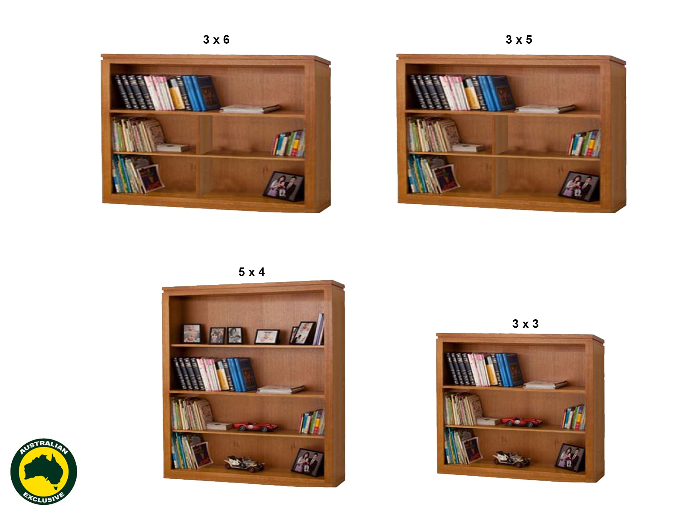 TINA (AUSSIE MADE) LOWLINE BOOKCASE COLLECTION - TASMANIA OAK COMBINATION - ASSORTED STAINED COLOURS - STARTING FROM $649