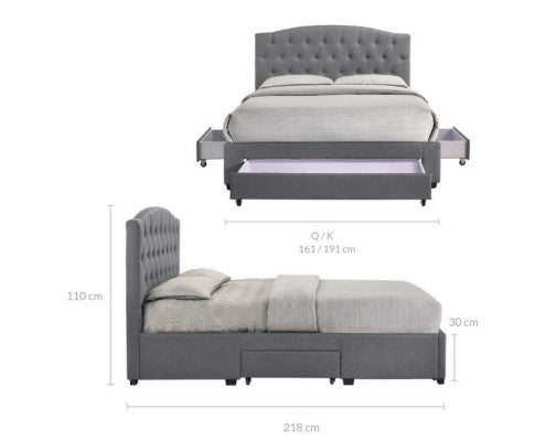 KING BRANTLEY FABRIC BED WITH UNDERBED STORAGE DRAWERS - LIGHT GREY