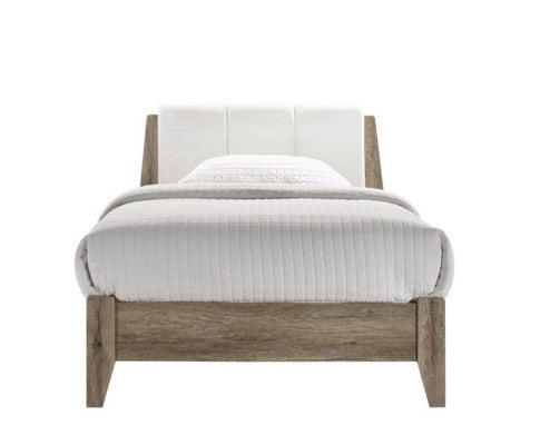 DOUBLE BARTEL WOODEN BED FRAME WITH LEATHER HEADBOARD - WHITE & LIGHT OAK