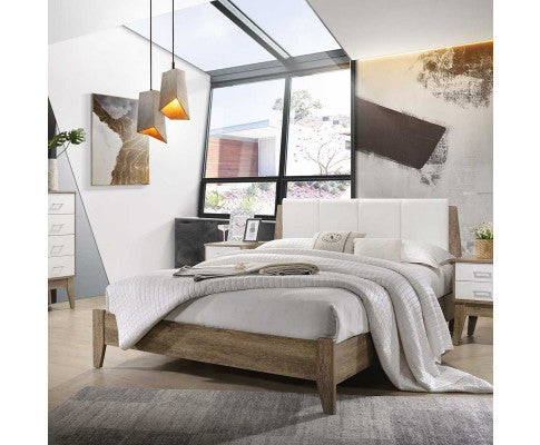 DOUBLE BARTEL WOODEN BED FRAME WITH LEATHER HEADBOARD - WHITE & LIGHT OAK