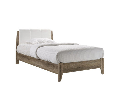 DOUBLE BARTEL WOODEN BED FRAME WITH LEATHER HEADBOARD - WHITE & LIGHT OAK
