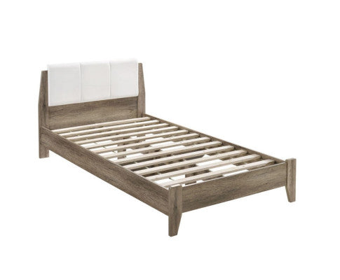 DOUBLE BARTEL WOODEN BED FRAME WITH LEATHER HEADBOARD - WHITE & LIGHT OAK
