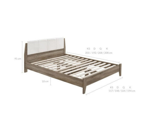 DOUBLE BARTEL WOODEN BED FRAME WITH LEATHER HEADBOARD - WHITE & LIGHT OAK