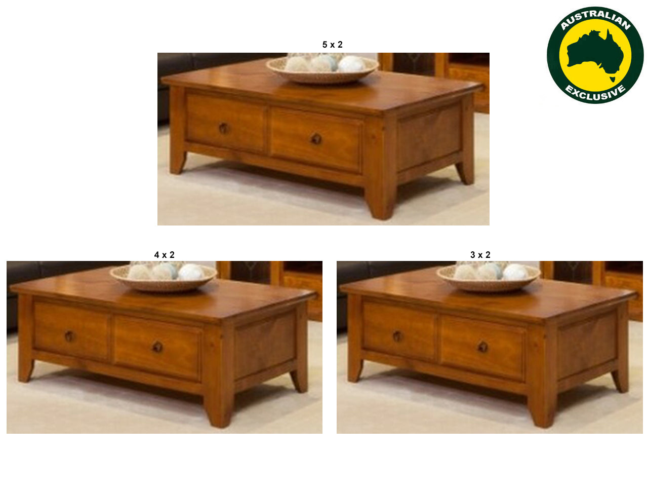 VERSACE (AUSSIE MADE) COFFEE TABLE WITH 2 DRAWERS COLLECTION - ASSORTED STAINED COLOURS - STARTING FROM $699
