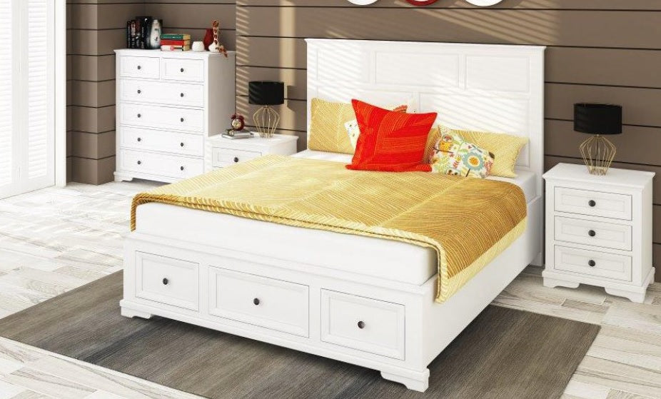 CHANELLE KING 3 PIECE BED PANEL BEDSIDE BEDROOM SUITE - (22-9-5-14-14-1) - WHITE