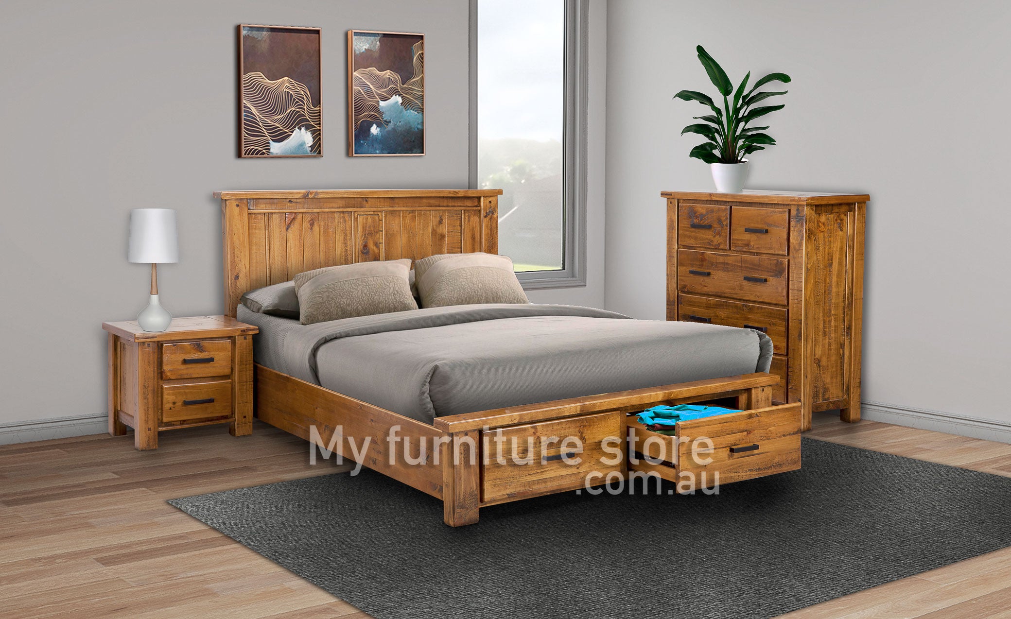 HOUSTON QUEEN 6 PIECE (DRESSER) BEDROOM SUITE WITH 2 UNDER BED DRAWERS - RUSTIC OAK