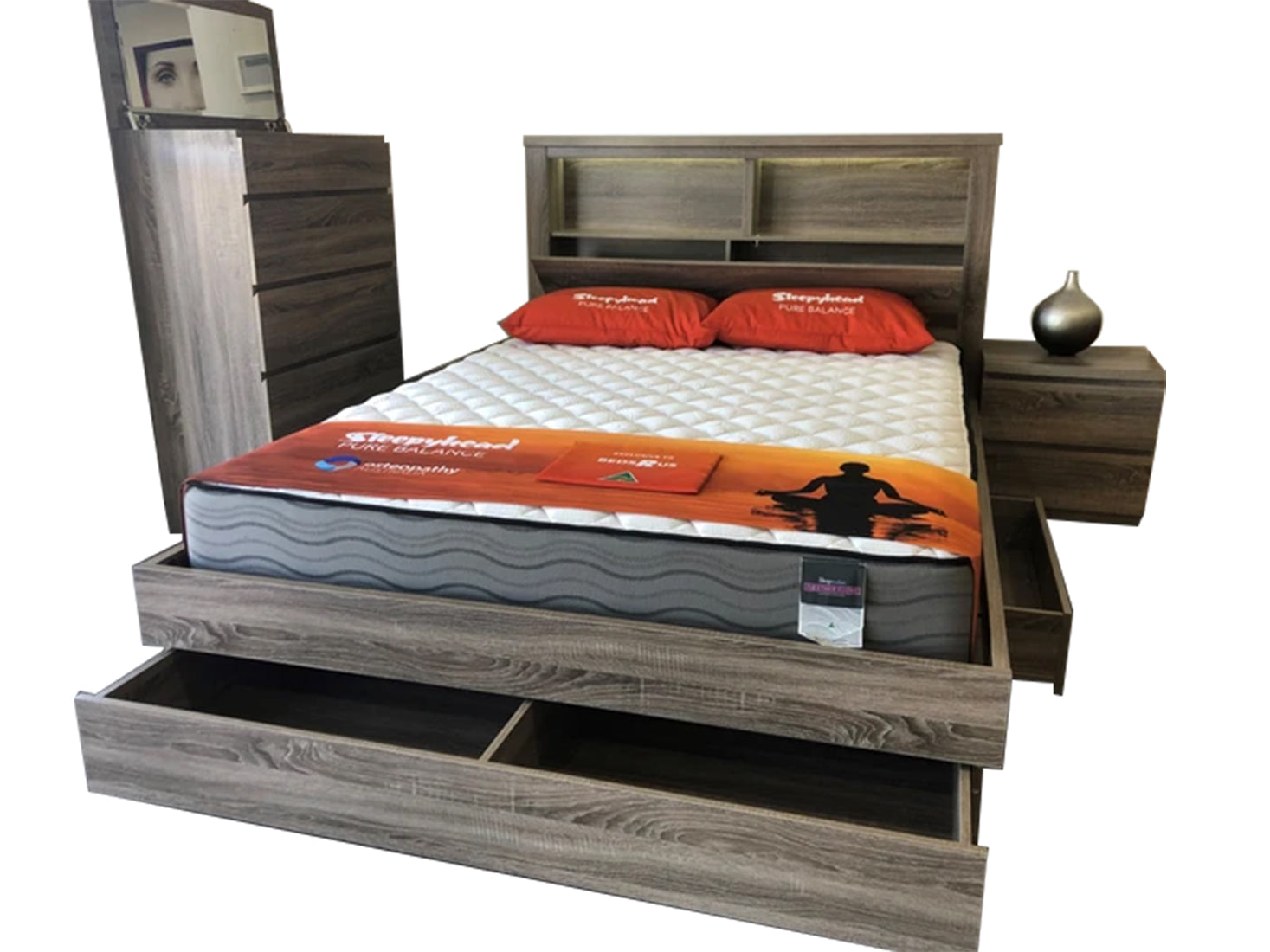 ROGAN KING 6 PIECE (THE LOT) BEDROOM SUITE - (MODEL:LS 718 K) - BED WITH LEAD LIGHT (MODEL:2-1-12-9) - MOCHA OAK