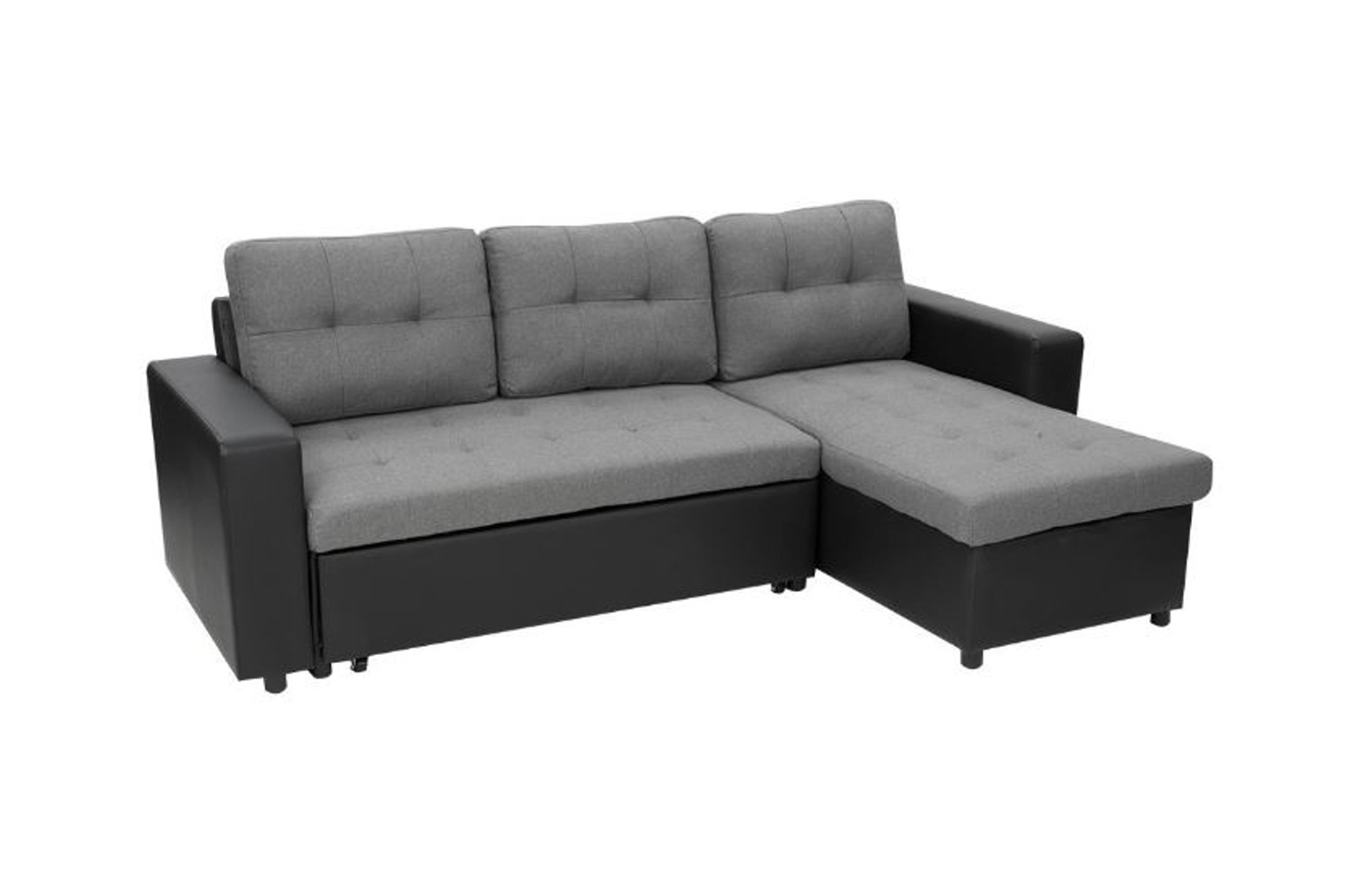 YORK  FABRIC & LEATHERETTE SOFA LOUNGE WITH CHAISE(RF) - SEPARABLE OTTOMAN - BLACK + GREY