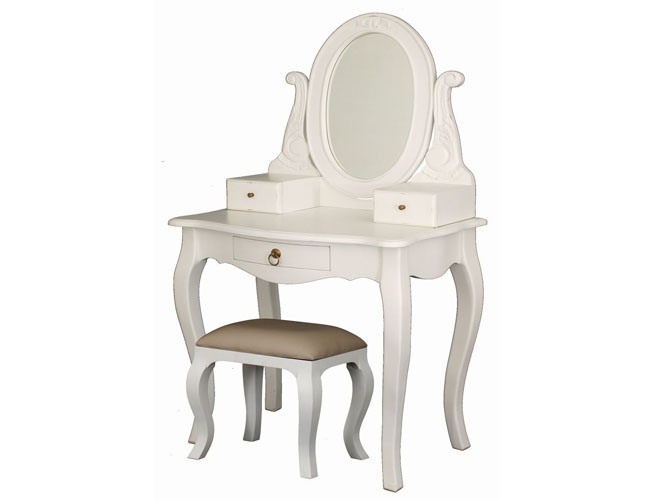 QUEEN ANNA 3 DRAWER SMALL DRESSING TABLE WITH MIRROR & STOOL -  1370(H) x 700(W)  -WHITE 