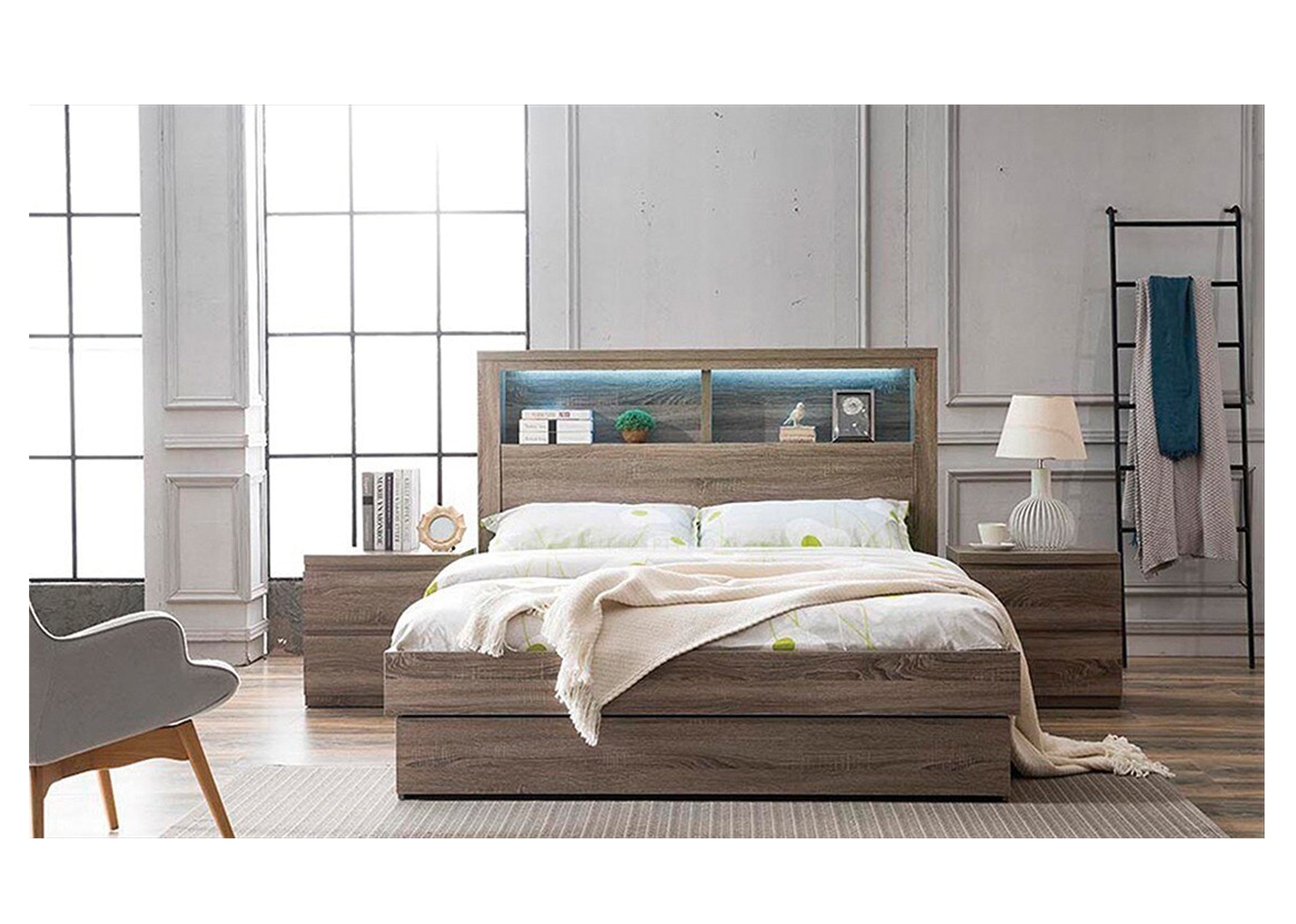 ROGAN KING 6 PIECE (THE LOT) BEDROOM SUITE - (MODEL:LS 718 K) - BED WITH LEAD LIGHT (MODEL:2-1-12-9) - MOCHA OAK