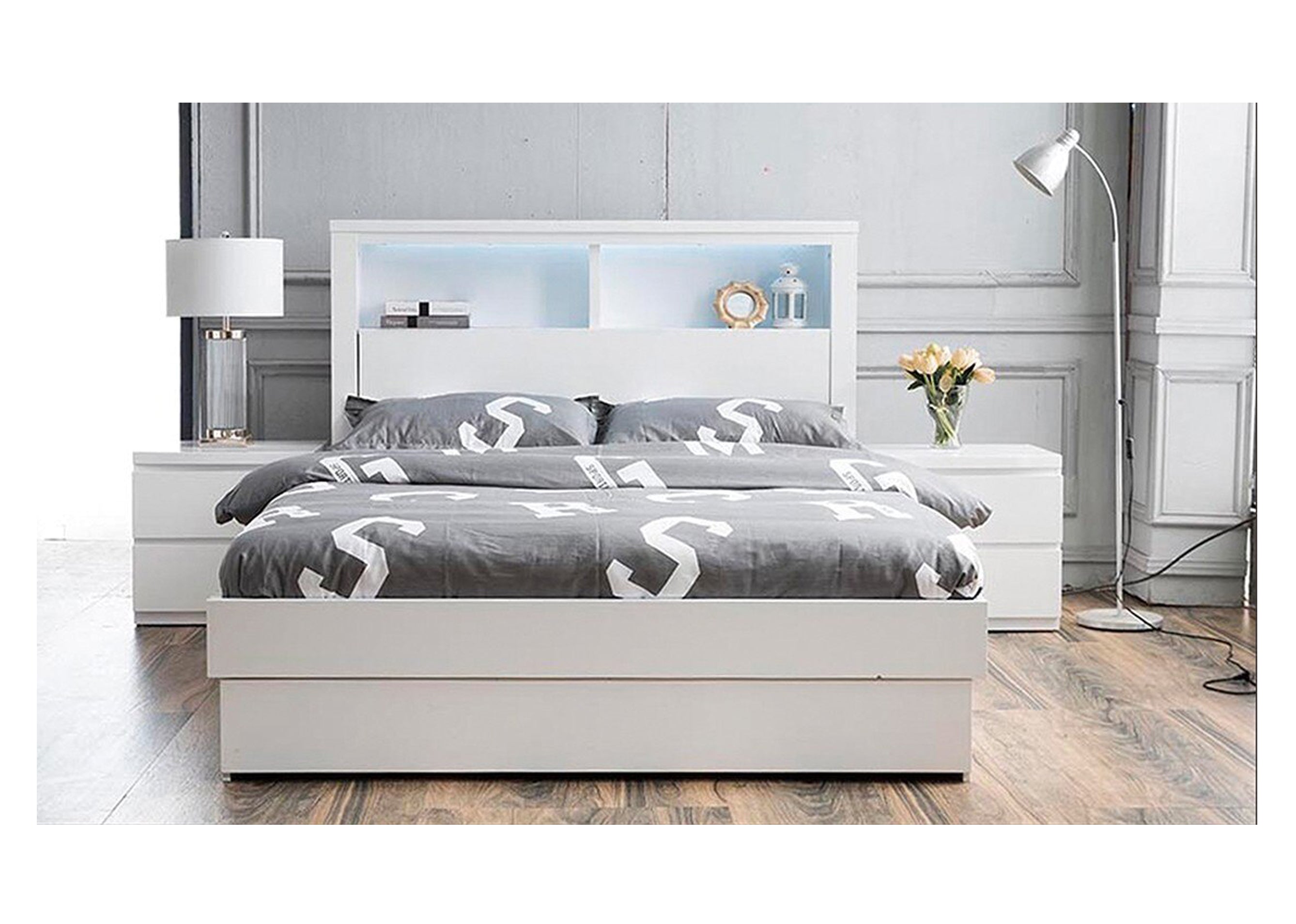 DOUBLE ROGAN BED WITH 3 DRAWERS OR  SIDE OR FRONT GAS LIFT OPTION -(LS718) - HIGH GLOSS WHITE