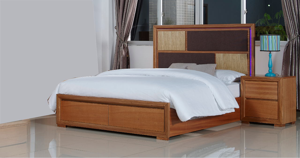 DUAS (614) QUEEN 6 PIECE (THE LOT) BEDROOM SUITE WITH  LED LIGHT ON BEDHEAD  (MODEL 1-21-4-18-5-25) - MAPLE