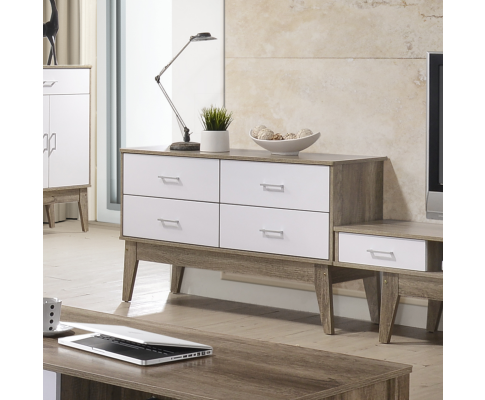 BARTEL SCANDINAVIAN  LOWLINE CHEST  WITH 4 DRAWER - 730(H) X 1200(W) - OAK + WHITE