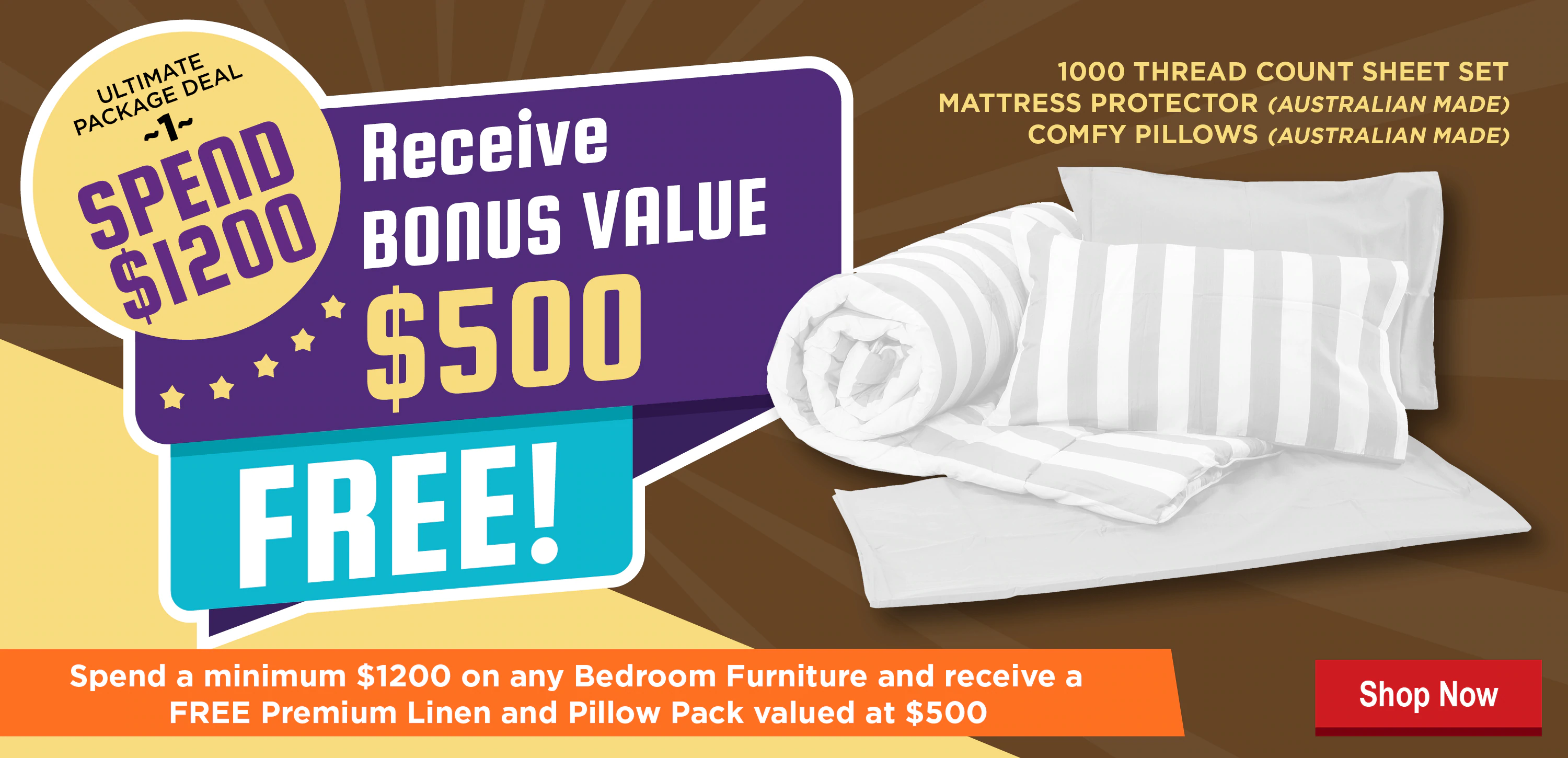 Bonus Package 1: Luxury Linen Pack: Aussie Made Sateen Pillows , 1000 Thread Count Sheet Set (Any Size) +++ Fully Fitted Mattress Protector (Valued at $500)