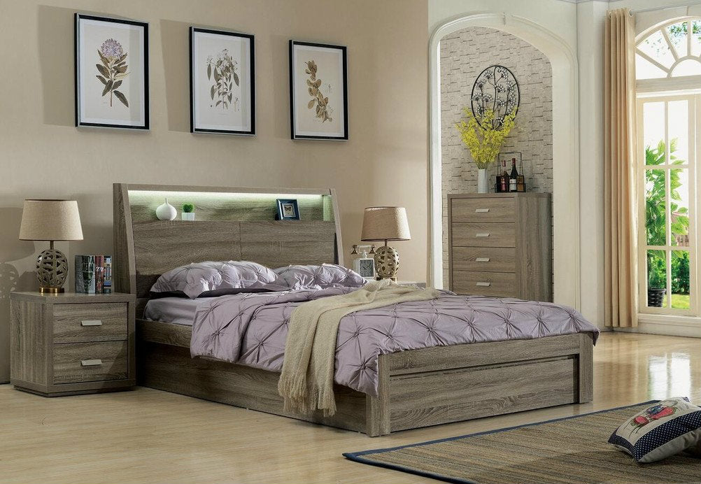 QUEEN CHICAGO BED WITH FRONT OR SIDE (REVERSIBLE) GAS LIFT OR 3 DRAWER STORAGE (SIDE / SIDE / FRONT & LED LIGHT - (2-15-19-20-15-14) - MOCHA OAK