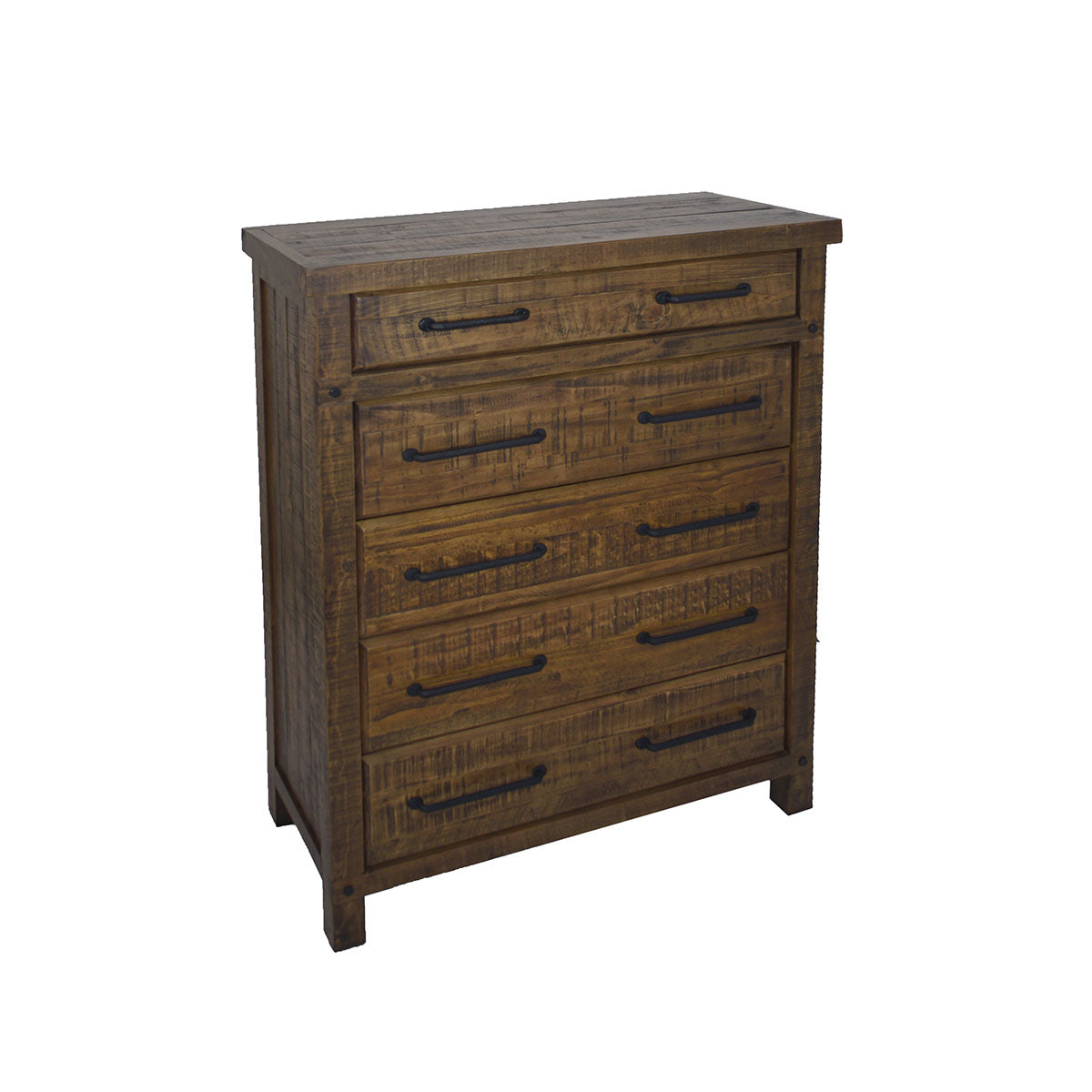 CHRISTINE 5 DRAWERS RECYCLED TIMBER TALLBOY - AGED ROUGH SEWN