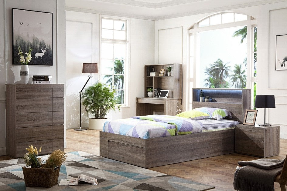 KING SINGLE EMERTON  (MODEL 4-5-12-20-1) - BED WITH SIDE OPEN GAS LIFT (MODEL:LS-081S) - MOCHA OAK