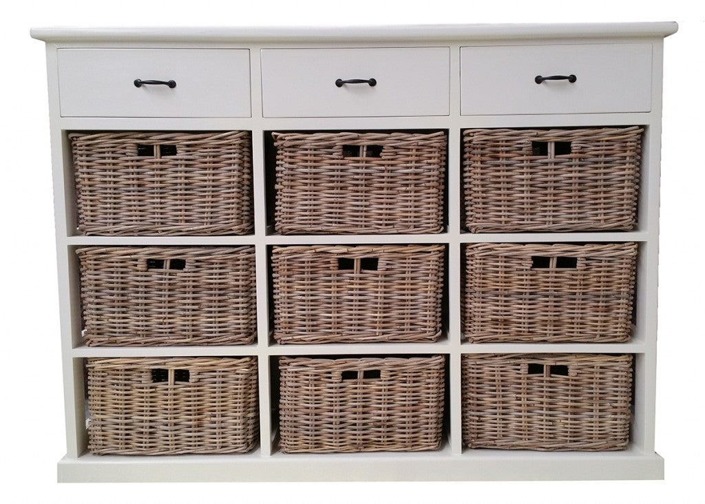 BENCER (DRT789L) STORAGE CHEST WITH 9 BASKETS & 3 WOODEN DRAWERS  - KUBU GREY / WHITE FRAME