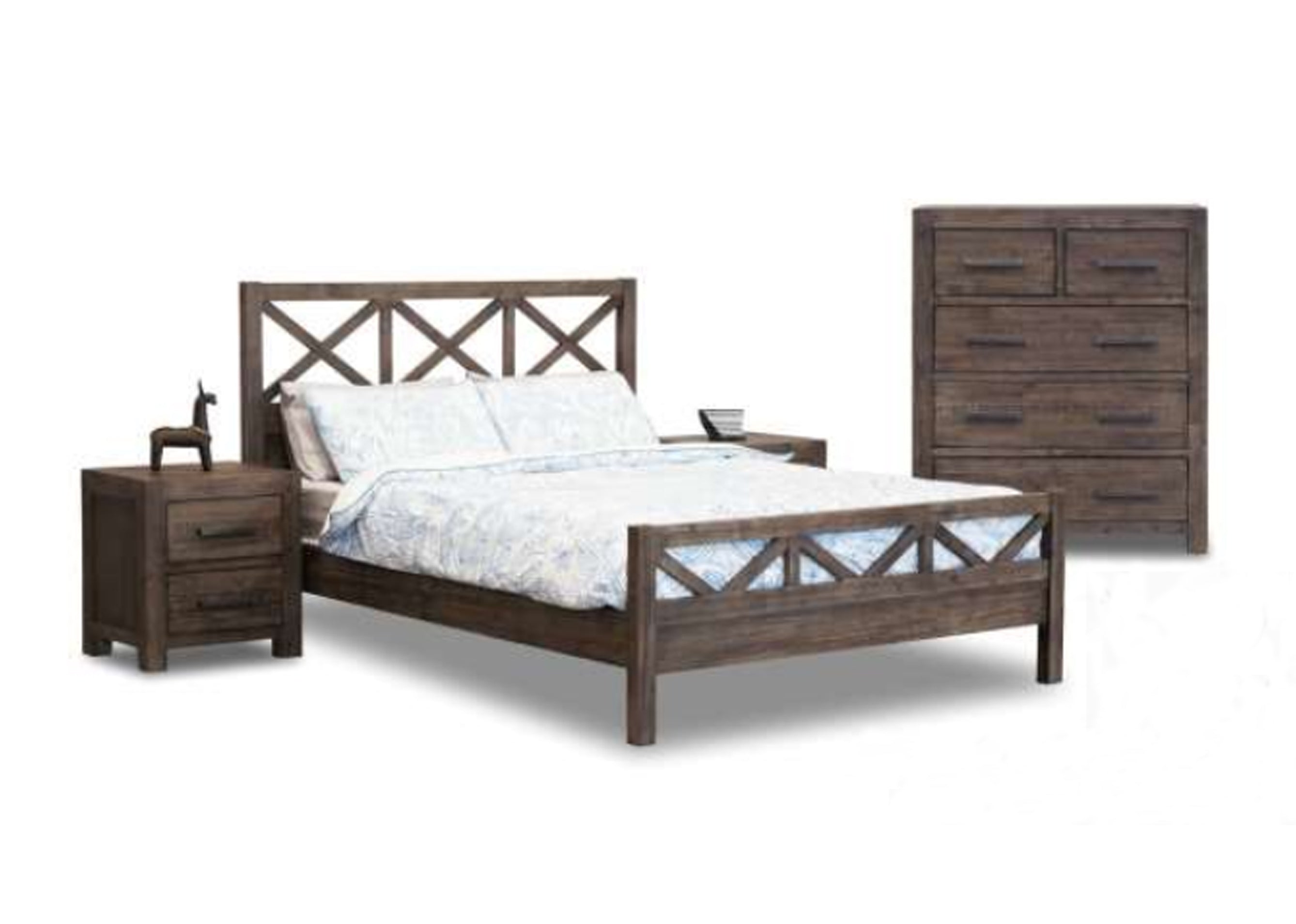 EDISON CROSS QUEEN 4 PIECE TALLBOY BEDROOM SUITE - BRUSHED BROWN