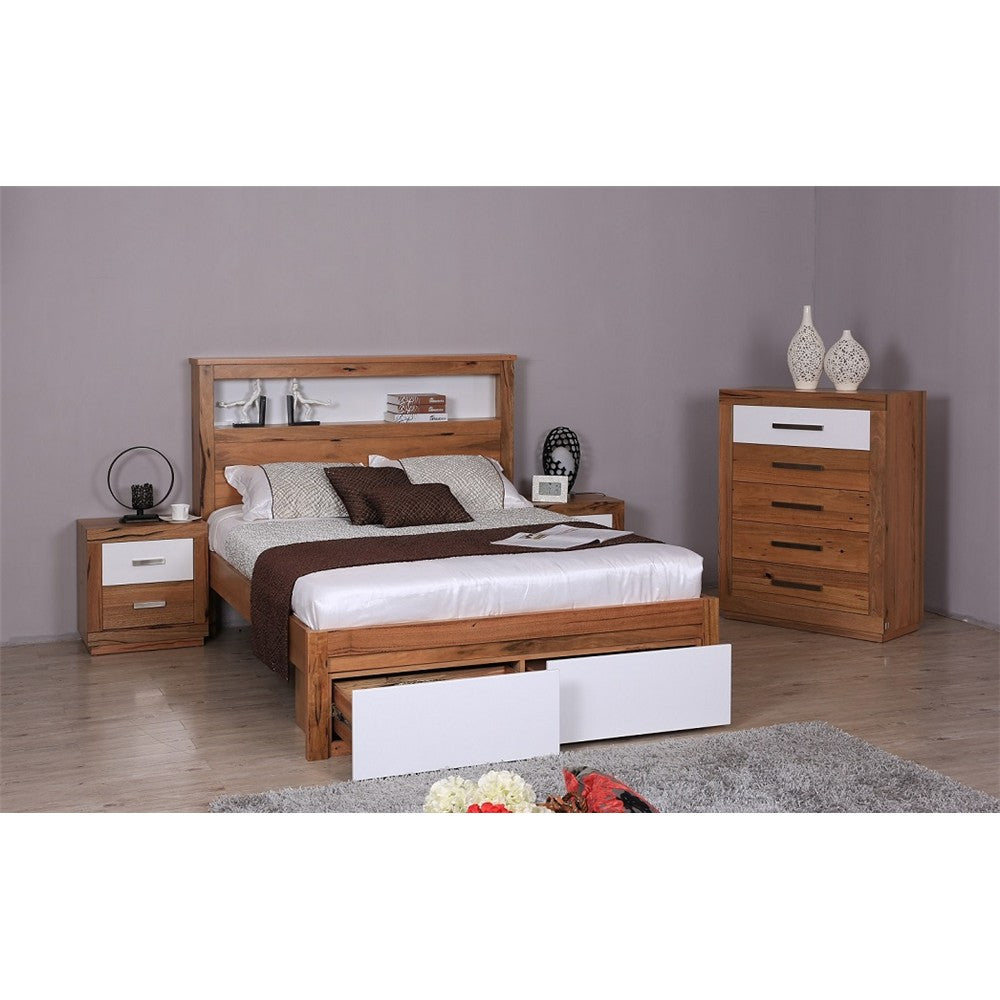 DESTINY  QUEEN  HARDWOOD TIMBER 4 PIECE  TALLBOY  BEDROOM SUITE (8-1-12-5) - NATURAL / WHITE